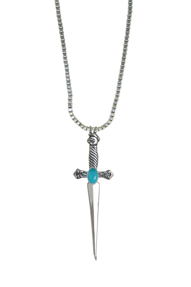 Sterling Silver Detailed Knight's Sword Pendant With Turquoise